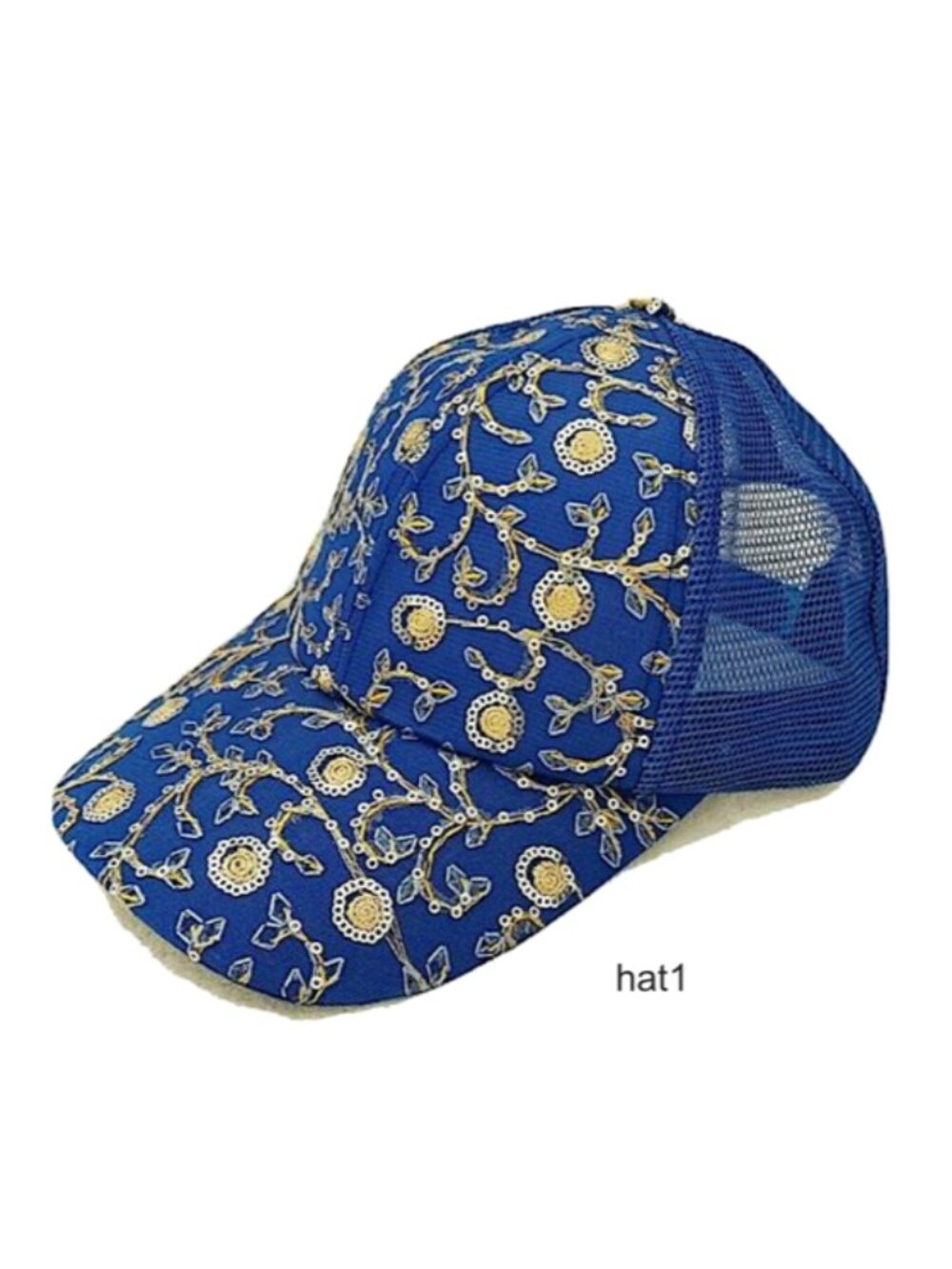 Blue Cap Hat Breathable Mesh Top Embroidered Floral Gold Silver Sequin, Size M-L